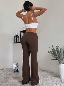 Pantalones de yoga GLAMSKIN para mujer con cintura plegada y pierna acampanada para otoño, leggings ajustados de alta elasticidad con corte bootcut, estilo deportivo Y2K para fitness y uso casual largo - Marrón - Ver 2