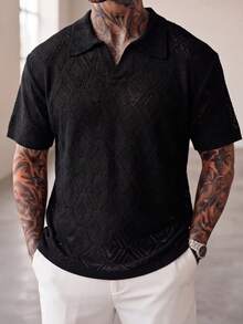 Men's Neutral Polo Collar Knit Top, Casual Business Commute Short Sleeve Loose Pullover T-Shirt, Spring/Summer - Black - View 2