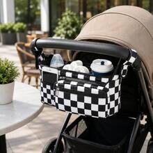 1pc Black And White Checkerboard Baby Stroller Storage Bag, Multi-Functional Diaper Organizer With Insulated Cup Holder, Portable Design, Detachable Phone Pouch And Shoulder Strap - Multicolor - View 3