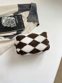 時尚多用途絎縫刺繡格紋加厚化妝包 學生鉛筆袋 波點圖案休閒手提小包 保暖羽絨款 - 彩色 - 查看 4