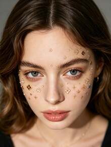 1pc Vintage Gold Foil Four-Leaf Clover Star Heart Face Decoration Sticker, Exquisite Embossed Metal Flower 3D Eye Makeup Sticker, Gentle Luxury Style Photography, Wedding, Stage Makeup Accessory, Multi-Style Gold Pattern Waterproof Sticker, Can Be Applied To Forehead, Cheeks, Collarbone, Atmosphere Exquisite Girl Versatile Face Makeup Decoration Sticker Set - Multicolor - View 4