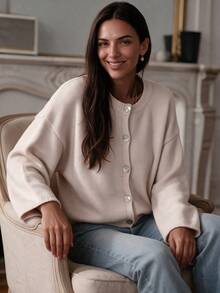 Comfortable Plus Size Regular Length Women's Cardigan, Medium Stretch Fabric, Ideal Choice For Autumn Women's Wear. - Apricot - View 7