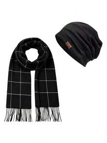 2PCS Multi-Color Optional Men's Autumn/Winter Warm Classic Plaid Scarf & Knit Beanie Set, Business Casual Thick Tassel Scarf & Warm Cold Hat Combination - Multicolor - View 8