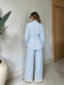 2pcs Solid Color Casual Elegant Front Button Tie Long Sleeve Shirt + Pants Set, Vacation All Season - Sky Blue and White - View 2