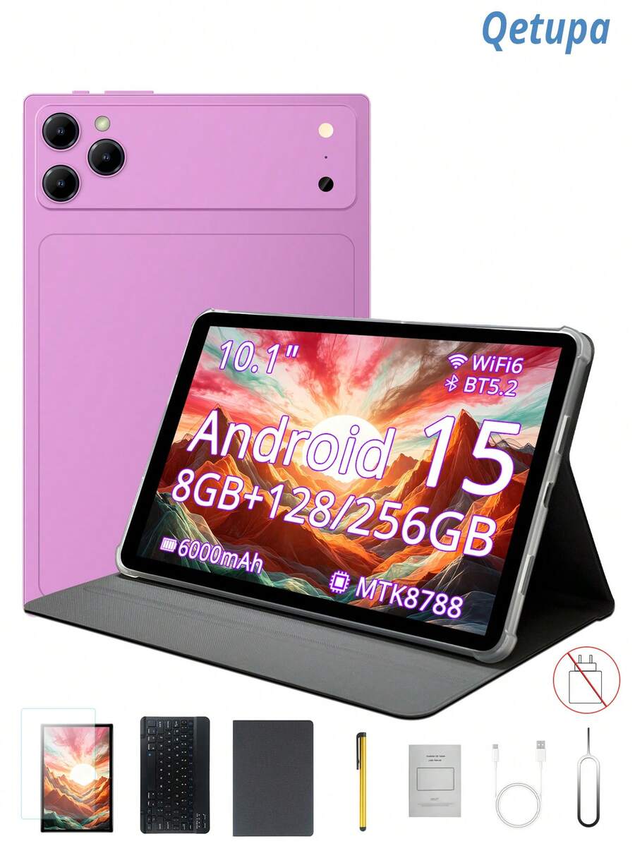 Qetupa 10.1 Inch Android 15 Tablet, Equipped With Protective Case, Screen Protector, Keyboard And Stylus, 8GB RAM And 128GB/256GB Internal Storage (Supports 1TB Expansion), 1280x800 Touchscreen, 5MP Front Camera And 13MP Rear Camera, 6000mAh Battery - Mauve Purple - View 1