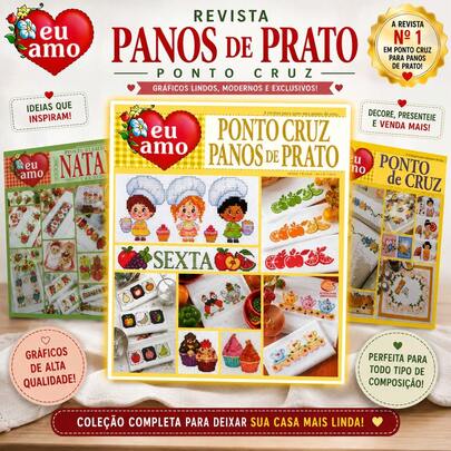 PANOS DE PRATO - Kit 3 Revistas  EU AMO PONTO CRUZ