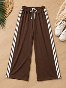Calça Wide Leg Juvenil Preta com Duas Listras Laterais e Cós Elástico - Marrom - Visão 4