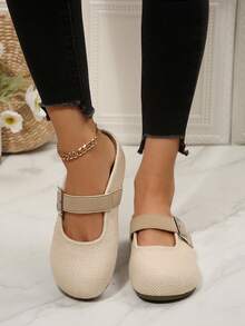 Women's Round Toe Woven Mary Jane Closed Toe Half-Slippers With Metal Buckle, Soft Sole Slouchy Slip-On Flat Mule Sandals For Outdoor Wear - Beige - View 7