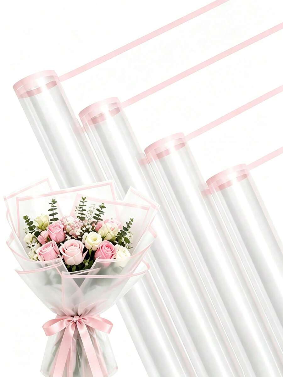 20張粉色邊框透明防水包裝紙,花束包裝用品,DIY手工藝,禮物包裝或禮盒包裝 - 粉邊透明 - 查看 1