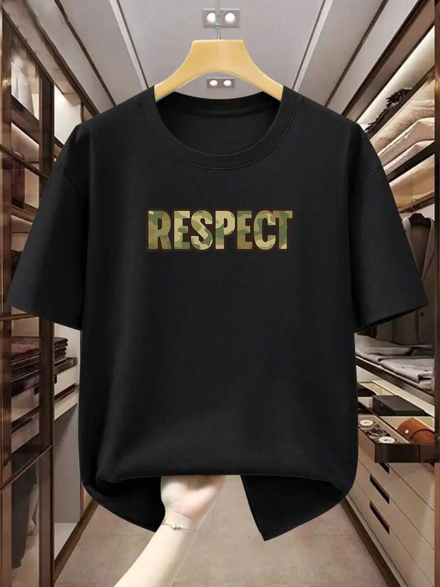 Men's Plus-Size Short-Sleeve T-Shirt, 100% Cotton, With The Word "RESPECT" Printed On It, Showcasing Individuality, Comfortable And Casual For - Black - View 1