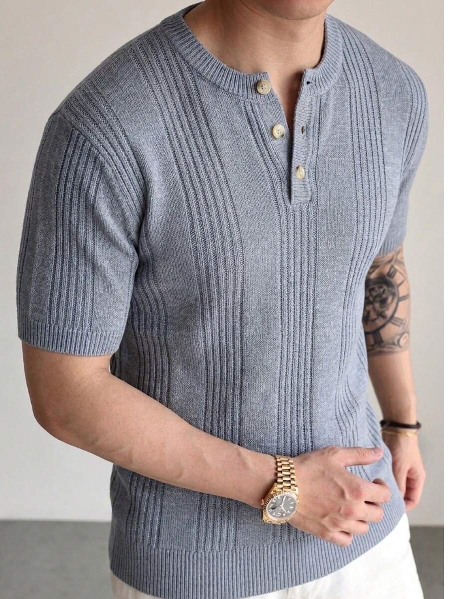 Men's Neutral Crew Neck Pullover, Casual Commute Versatile Business Solid Color Half-Open Collar Textured Short Sleeve Loose Fit Knit Top, Spring/Summer - Grey - View 1