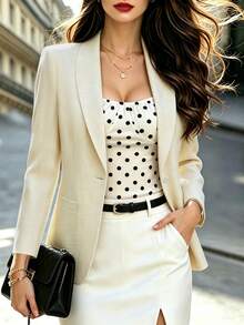 Eleganter Vintage Damen Blazer, Aprikot klassischer Ein-Knopf Langarm Lässig Anzugjacke, Slim Fit Pendler Büro Oberbekleidung, einfarbiger Revers Blazer, geeignet für tägliche Business Streetwear - Aprikosenfarben - Übersicht 6