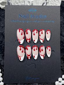 10 Peças de Unhas Postiças Feitas à Mão, Unhas, Unhas Falsas, Unhas de Halloween, Unhas Amendoa, Rosa, Azul, Vermelho, Branco, Preto e Verde, com Padrões de Textura de Bolhas de Sangue Gotejante Rosa, Azul e Verde, Perfeito para Uso Diário, Encontros e Ocasiões Casuais de Menina Delicada - Vermelho e Branco - Visão 12