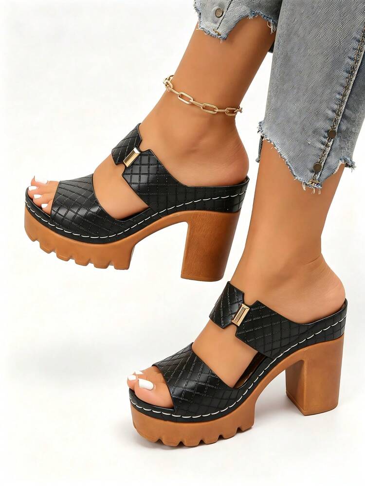 Women's High Heel Sandals Solid Color Hook & Loop Wide Fit Lightweight Comfortable Chunky Heel Casual Commute Slip-On Slides Minimalist Summer Beach Style Slip-On Sandals - Black - View 3