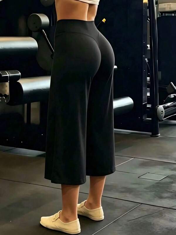 High Waist Wide Leg Capri Pants, Casual Pure Black Loose Capri Pants, Comfortable Slimming Versatile Sports Summer Style