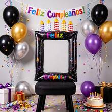 Handheld Candle Birthday Cake Photo Frame Balloon Spanish Happy Birthday Print Feliz Cumpleaños Birthday Party Anniversary Decoration - Multicolor - View 3