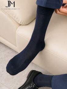 Business Men's Socks Solid Navy Blue Mid-Calf Socks Ribbed Cuff Design Soft Elastic Cotton Material Sweat-Absorbent Breathable Business Socks Suitable For Commuting And Office - Multicolor - View 1