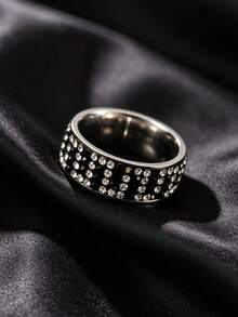1pc Stainless Steel Wide Ring Black & White Alternating Full Zirconia Element Daily Party Outfit Couple Accessory - 1-piece Full Diamond Ring - View 6
