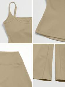 TimeOff Conjunto deportivo de mujer de un solo color con tirantes ajustables, camiseta de tirantes y pantalones anchos de largo medio - Caqui - Ver 4
