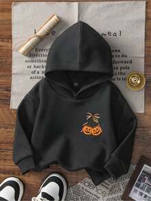 Girls' Halloween Pattern Hooded Sweatshirt, Cute Pumpkin Bow Skull Bat Spider Web Print Long Sleeve Pullover Sweatshirt, Suitable For Autumn Daily Wear - Black - View 5