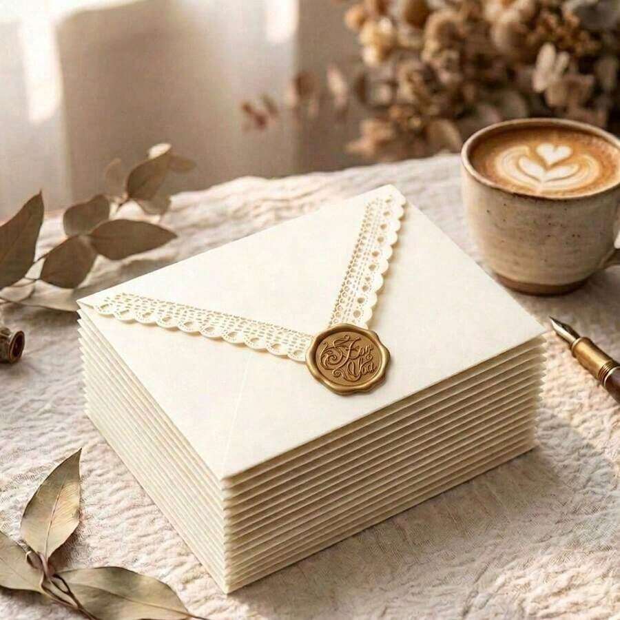 2/10/20pcs Lace Hollow Envelope Set With Self-Adhesive Wax Seal, High Quality Envelopes, Perfect For Wedding Party Invitations, Christmas Cards, Holiday Invitations - Cut-out Envelope Set - View 1
