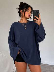 女款時尚長袖圓領標準版型寬鬆T恤，百搭休閒秋冬新款大尺碼上衣，必備易搭配秋季穿搭 - 藏蓝色 - 查看 2