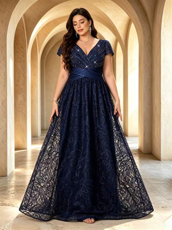 Elegant Royal Blue Floral Lace Beaded V-Neck Cap Sleeve High Slit Plus Size Women's Maxi Dress Fall Wedding