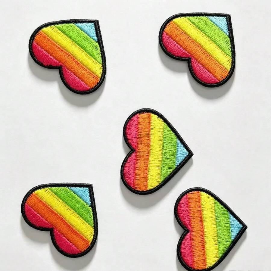 5入彩虹小愛心圖案燙貼刺繡補丁貼，趣味設計，易縫製或熨燙，耐用布製徽章，適合個性化夾克、包包等 - 熨燙款 - 查看 1
