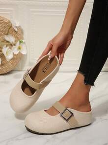 Women's Round Toe Woven Mary Jane Closed Toe Half-Slippers With Metal Buckle, Soft Sole Slouchy Slip-On Flat Mule Sandals For Outdoor Wear - Beige - View 5