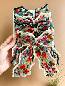 1件女款新款彩色刺繡蕾絲花卉大蝴蝶結緞帶春季髮夾，Ins風多功能後腦髮飾，適合日常佩戴、旅行、海灘度假，時尚女性髮飾 - 彩色 - 查看 2