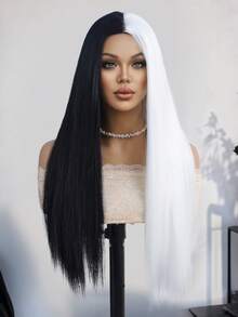 24 Inches Black White Wig Long Straight Wig Black Middle Part Wigs Long Wigs For Daily Party Halloween Wig - Black and White - View 3