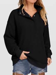 Women's Autumn/Winter Plaid Sweatshirt, Snap Button Half-Zip Stand Collar Drop Shoulder Ribbed Hem Loose Casual Long Sleeve Pullover - Black - View 2