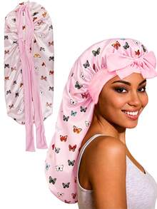Butterfly Print Colorful Cute Women's Long Satin Faux Silk Bow Sleep Cap, Large Braided Curly Hair Sleeping Cap, Suitable For Sleeping, Daily Beauty Use, Back To School Essential - Multicolor - View 8