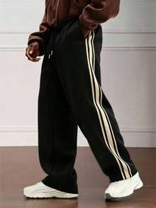 Men's Spring/Autumn Striped Drawstring Waist Pocket Casual Straight Leg Pants - Black - View 1