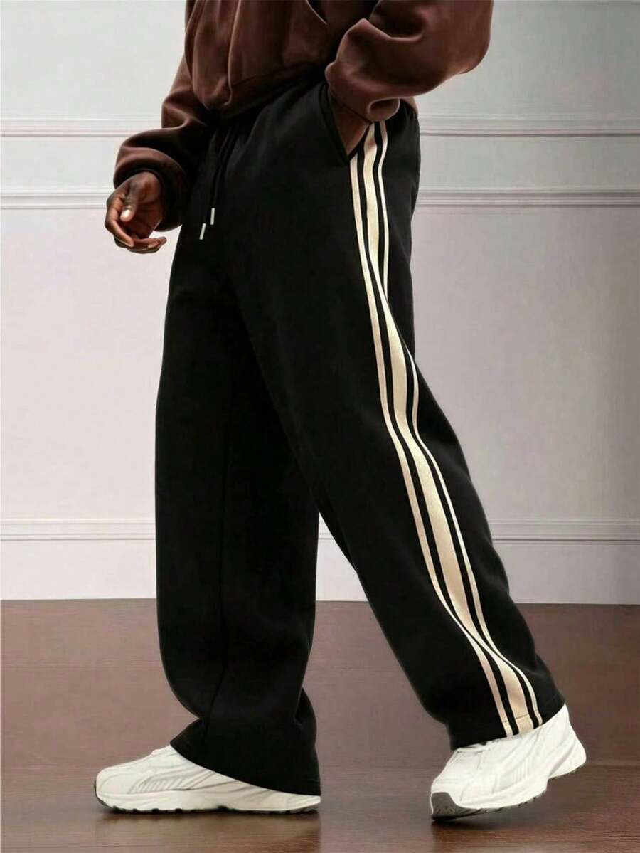 Men's Spring/Autumn Striped Drawstring Waist Pocket Casual Straight Leg Pants - Black - View 1