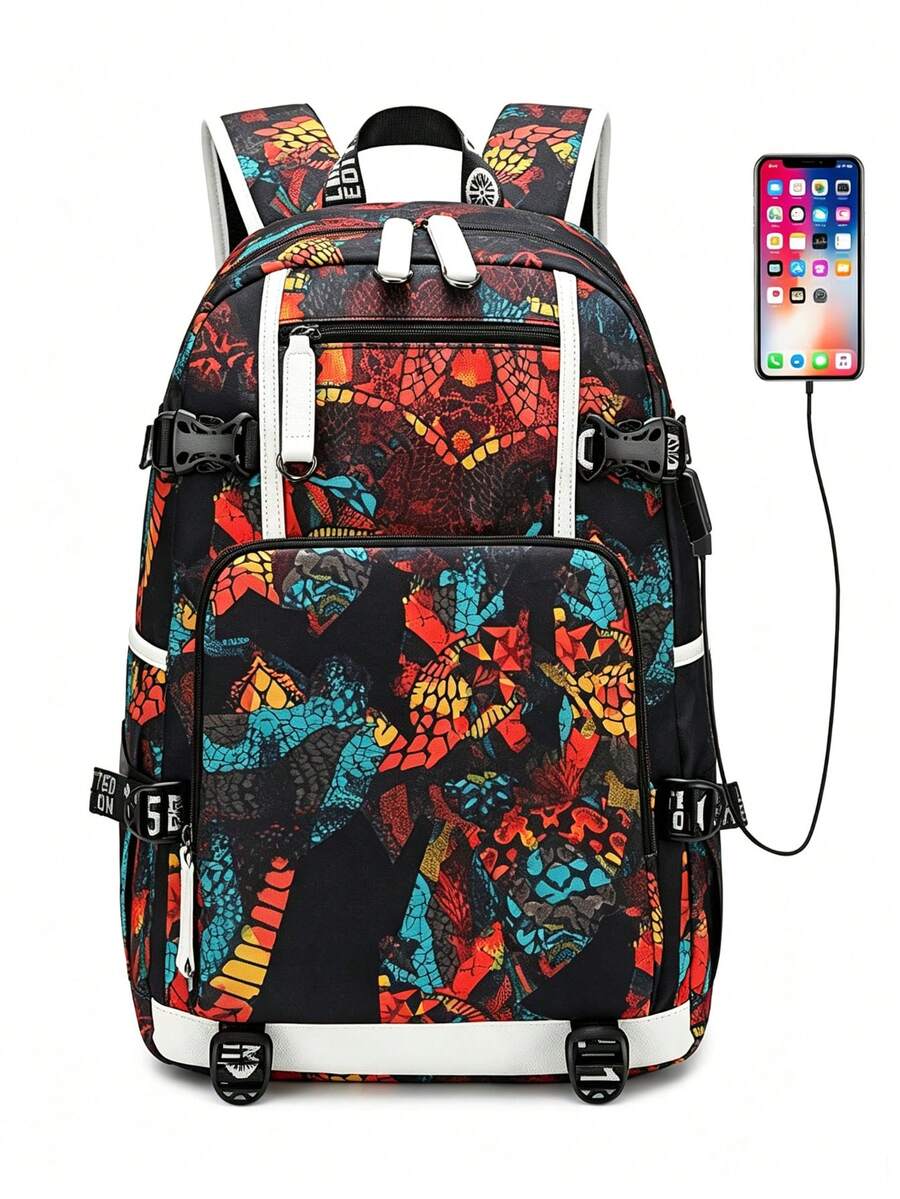 Colorful Graffiti Print Waterproof Laptop Backpack, Street Fashion Casual Daily Use Bag, Large Capacity Travel Backpack, Suitable For Outdoor Sports, Vacation, Daily Commute And Campus Life - Multicolor - View 1