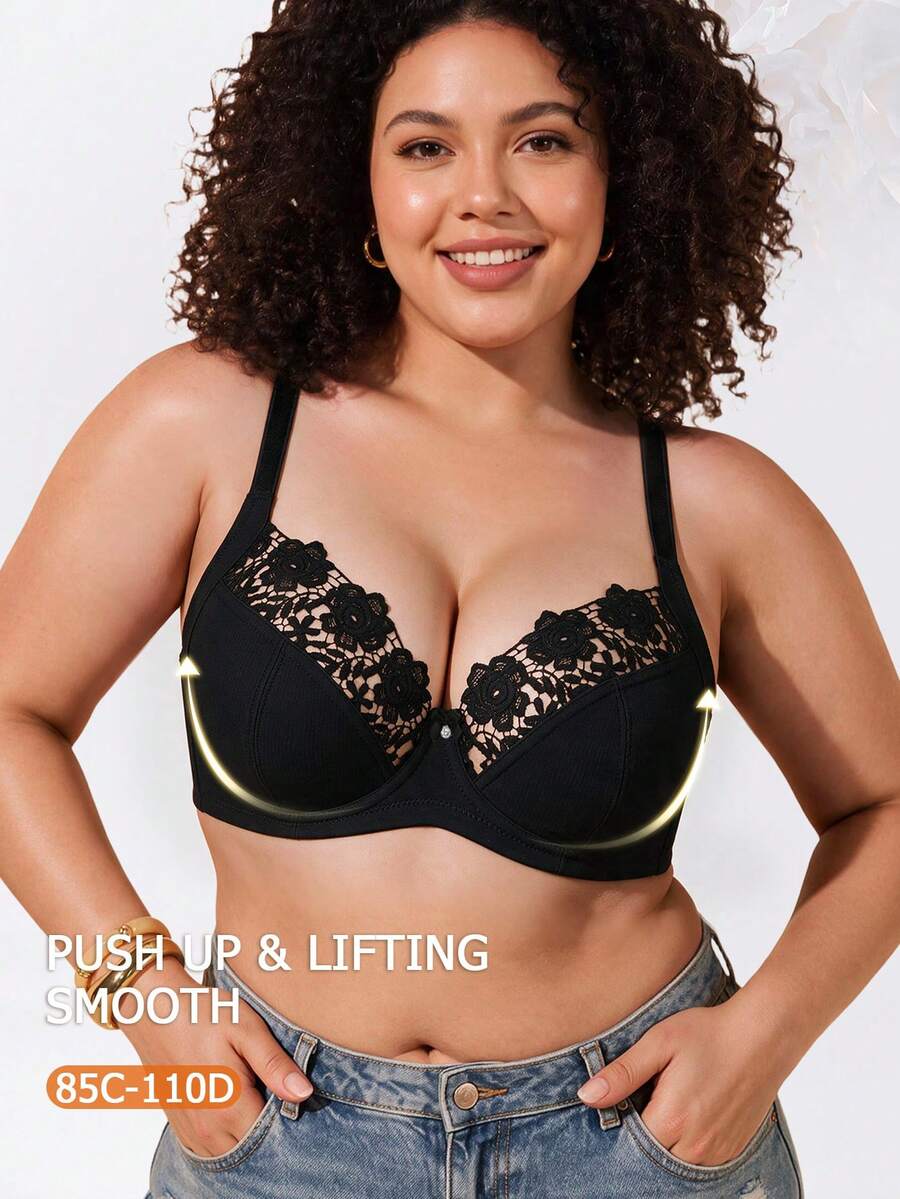 1pc Plus Size Women's Wireless Lace Bra, Breathable Anti-Slip, High Support, Adjustable Straps, Seamless Design, Suitable For Daily Wear