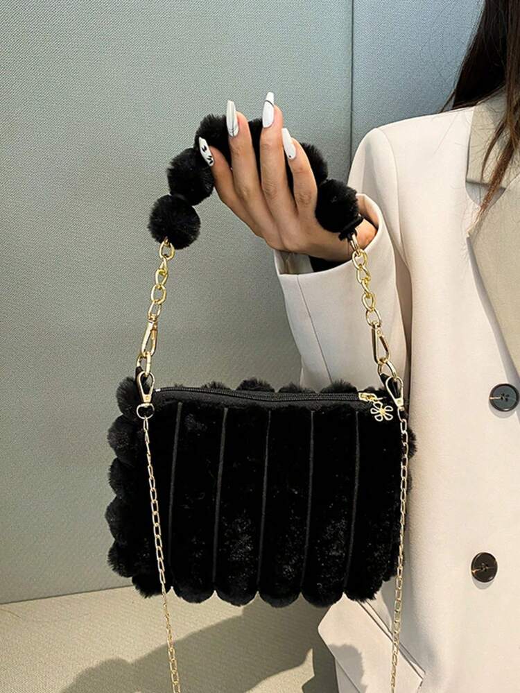 New Women's Ins Style Small Square Crossbody Bag, Fashion Chain Plush Bag, Autumn/Winter Korean Version Small Square Bag - Black - View 1