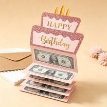 1 Set/4 Sets Pink & Black Glitter Birthday Money Pull Card, Cake-Shaped Foldable Cash Gift Box, Birthday Party Surprise Money Pull Greeting Card Gift Supplies - Multicolor - View 3
