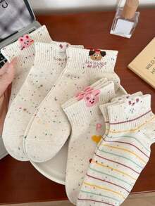5 Pairs Polka Dot Yarn Women's Short Socks, Fashionable Cute Cartoon Pattern, Spring/Summer Sweat-Absorbent Breathable Casual Sports Socks - Multicolor - View 5