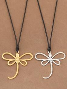 SUPBORA 1pc Fashion Matte Gold/Silver Large Dragonfly Pendant Black Wax Rope Necklace, Suitable For Women's Daily Wear - Gold and Silver - View 1