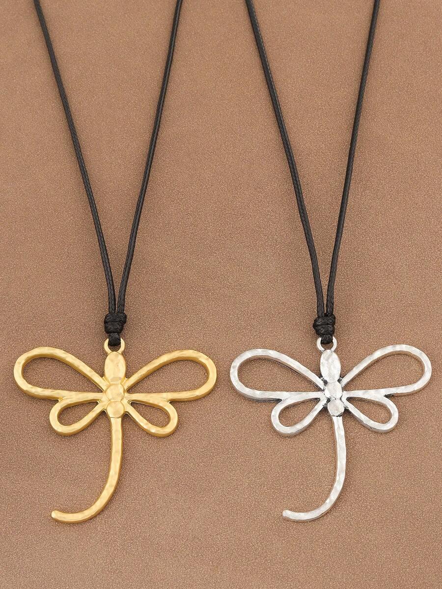 SUPBORA 1pc Fashion Matte Gold/Silver Large Dragonfly Pendant Black Wax Rope Necklace, Suitable For Women's Daily Wear - Gold and Silver - View 1