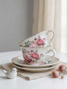 1pc 80ml Mini Espresso Cup With Saucer, Vintage Rose Floral Ceramic Coffee Cup, Korean Ins Style, Gold Rim Design, Suitable For Coffee, Tea, Latte, Home Decor And Gift - White - View 6