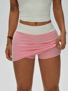 Blended Fabric Drawstring Waist Slim Fit Mini Skirt, Cute Sporty Sexy Casual Style, Spring/Summer Essential - Pink - View 4