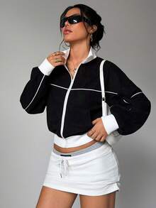 Women's Black Half-Zip Fleece Pullover Jacket, White Trim Sporty Windbreaker - Black - View 1