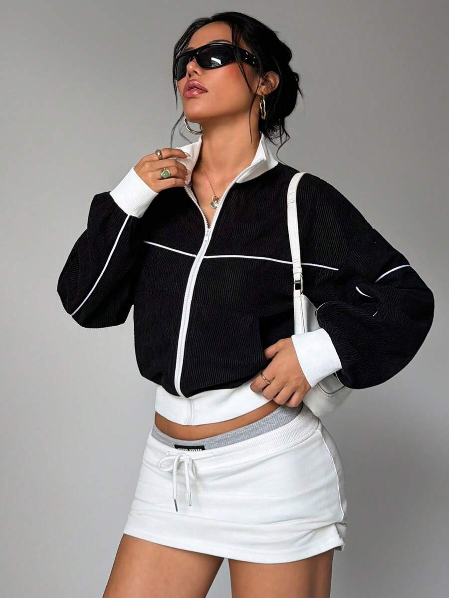 Women's Black Half-Zip Fleece Pullover Jacket, White Trim Sporty Windbreaker - Black - View 1