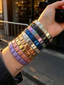 Colors Stainless Steel Square Link Bracelet, 18K Gold Plated Waterproof Stackable Chain Wrist Jewelry For Ladies - Multicolor - View 4