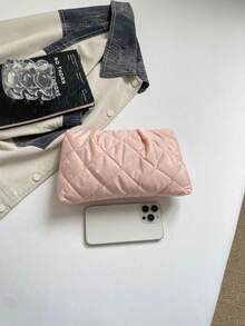 秋冬新款加厚手拿包 暖心菱格紋時尚純色手提包 褶皺雲朵包 純色休閒信封包 家用化妝包 旅行收納包 內包 洗漱包 儲物袋 學生筆袋 - 粉色 - 查看 3