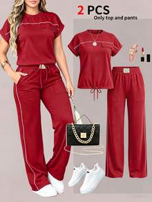 Spring Summer Autumn Women's New Solid Color Minimalist Round Neck Short Sleeve Top And High Waist Straight Leg Pants 2-Piece Set - Red 66 - View 1