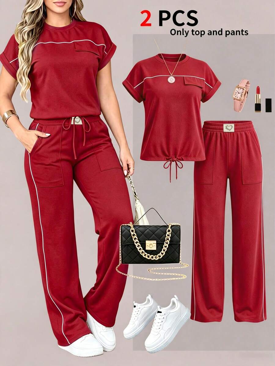 Spring Summer Autumn Women's New Solid Color Minimalist Round Neck Short Sleeve Top And High Waist Straight Leg Pants 2-Piece Set - Red 66 - View 1